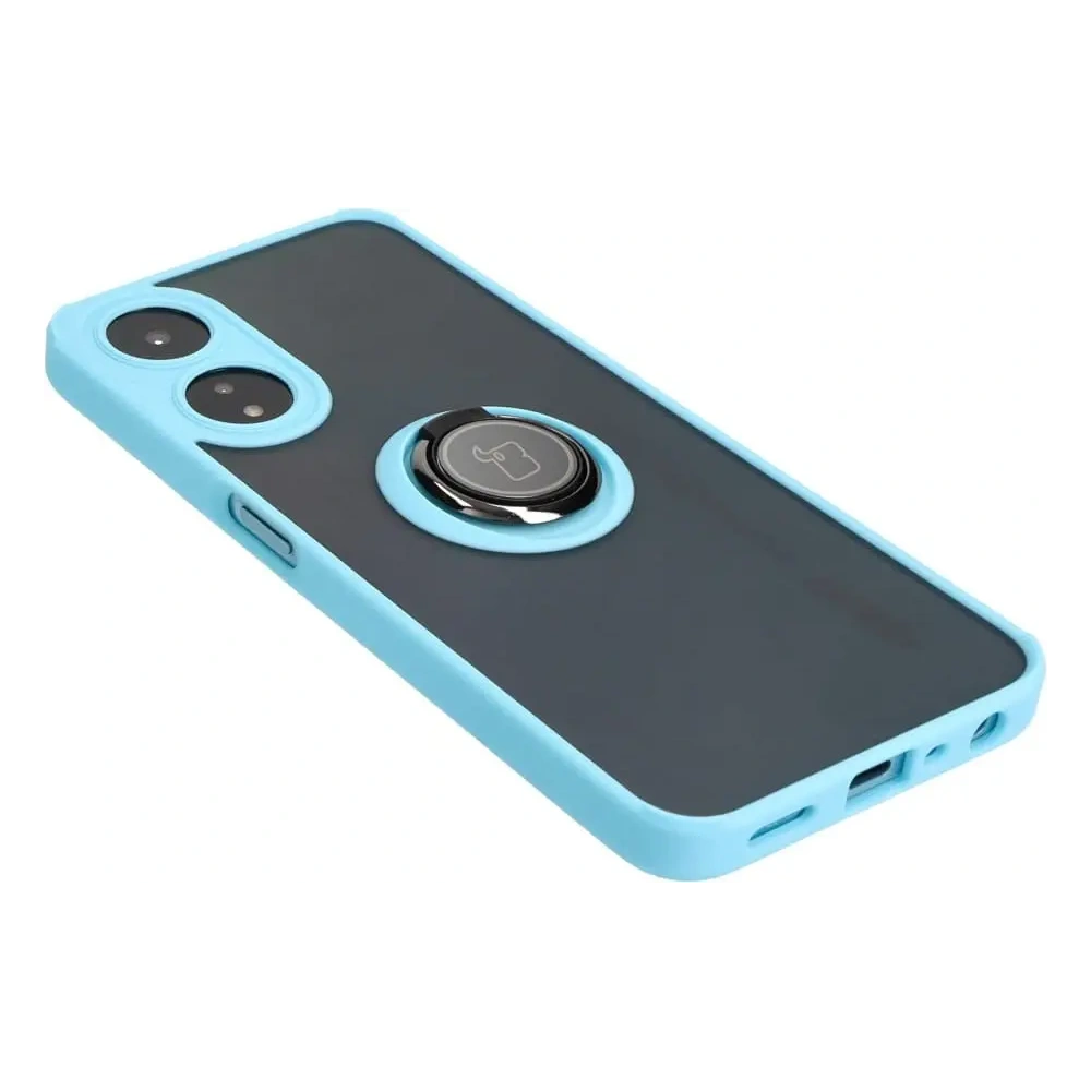 Etui z uchwytem na palec Bizon Case Hybrid Ring do Oppo A78 5G przydymione z jasnoniebieską ramką