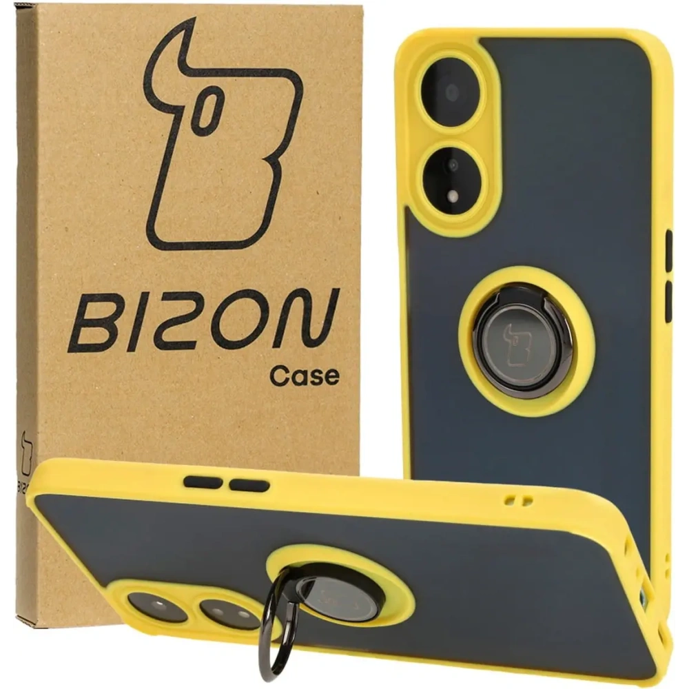 Etui z uchwytem na palec Bizon Case Hybrid Ring do Oppo A78 5G przydymione z żółtą ramką