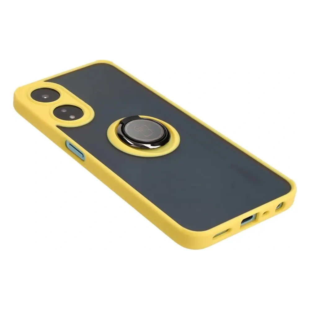 Etui z uchwytem na palec Bizon Case Hybrid Ring do Oppo A78 5G przydymione z żółtą ramką