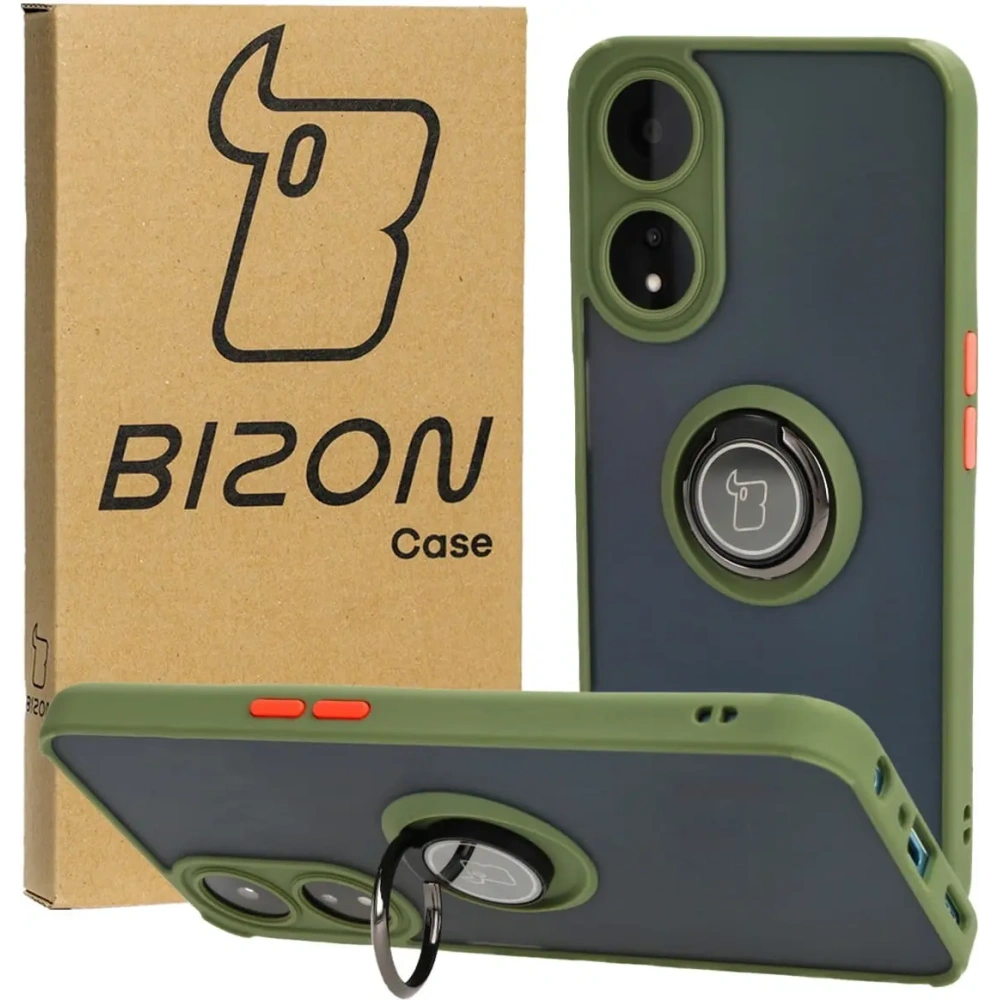 Etui z uchwytem na palec Bizon Case Hybrid Ring do Oppo A78 5G przydymione z zieloną ramką