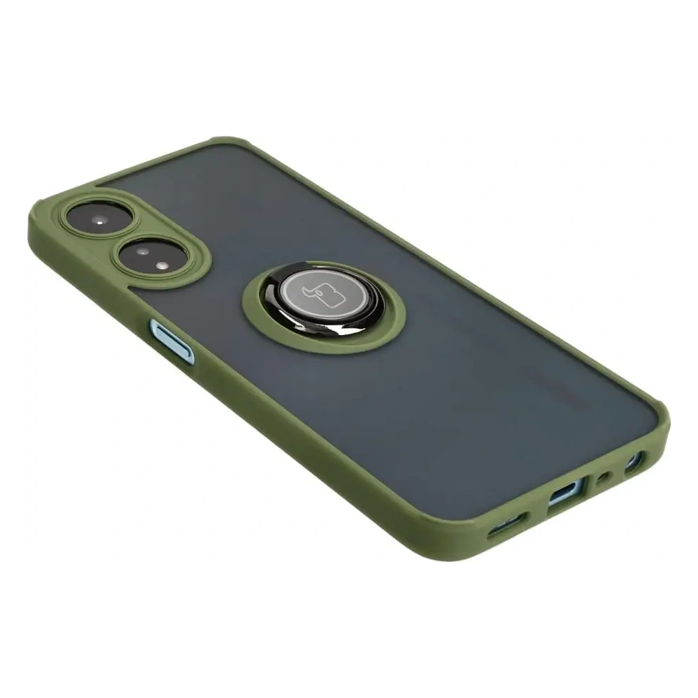 Etui z uchwytem na palec Bizon Case Hybrid Ring do Oppo A78 5G przydymione z zieloną ramką