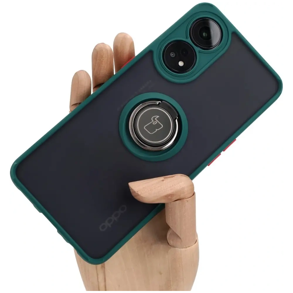 Etui z uchwytem na palec Bizon Case Hybrid Ring do Oppo Reno8 T przydymione z ciemnozieloną ramką