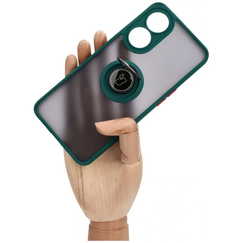 Etui z uchwytem na palec Bizon Case Hybrid Ring do Oppo Reno8 T przydymione z ciemnozieloną ramką