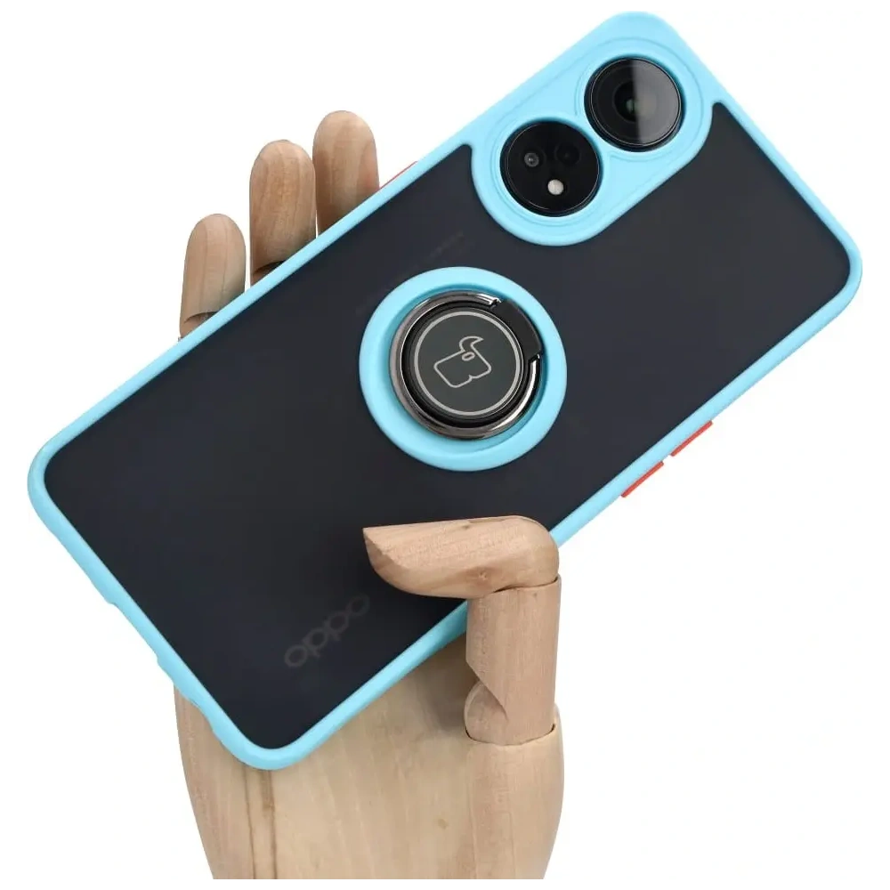 Etui z uchwytem na palec Bizon Case Hybrid Ring do Oppo Reno8 T przydymione z jasnoniebieską ramką