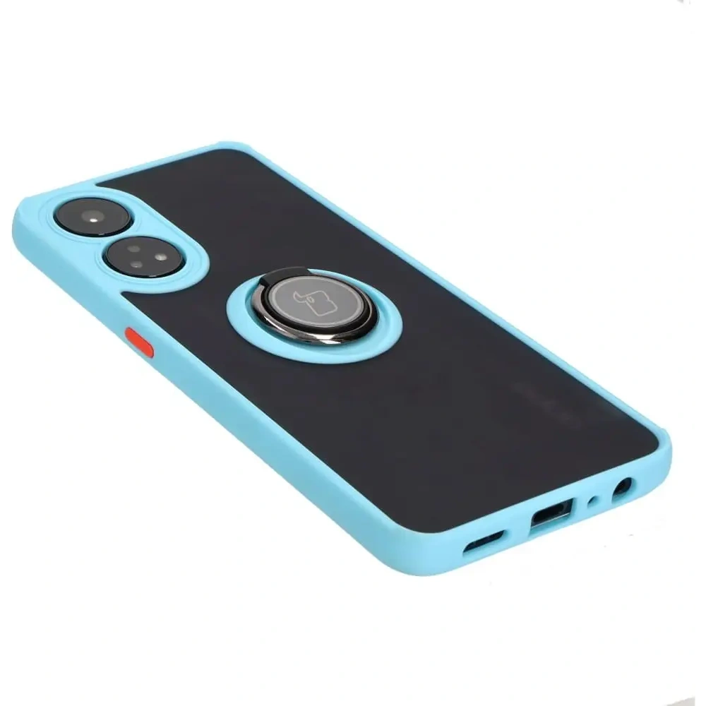 Etui z uchwytem na palec Bizon Case Hybrid Ring do Oppo Reno8 T przydymione z jasnoniebieską ramką