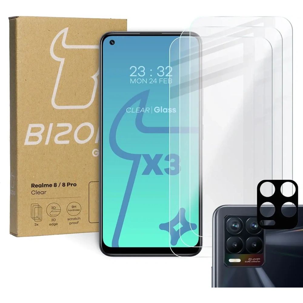 Szkło hartowane Bizon Glass Clear - 3 szt. + obiektyw Realme 8 / 8 Pro