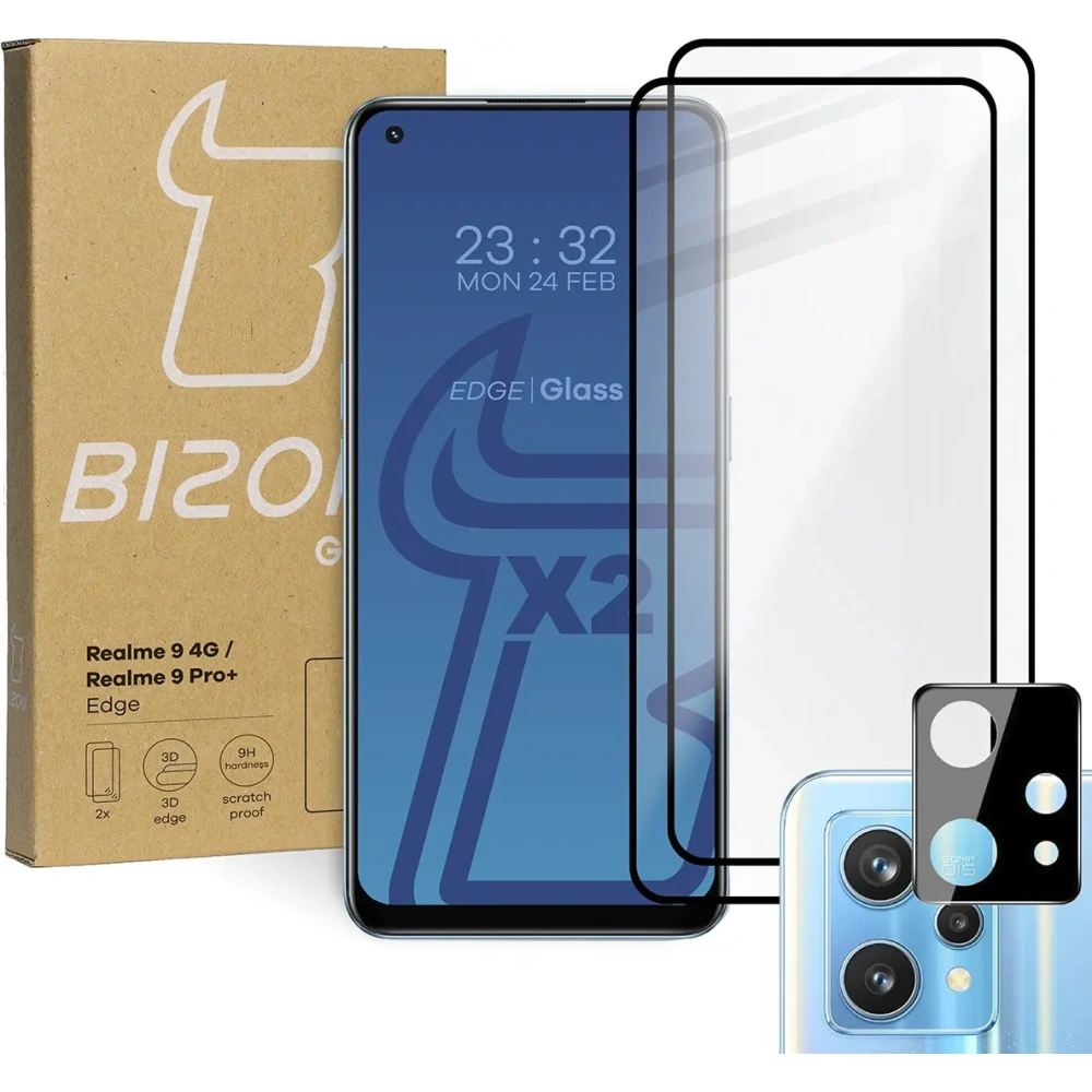 Szkło hartowane Bizon Glass Edge - [2 PACK] + ochrona na obiektyw Realme 9 4G / Realme 9 Pro+