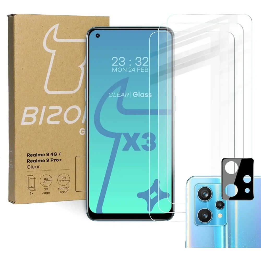 Szkło hartowane Bizon Glass Clear - 3 szt. + obiektyw Realme 9 4G / Realme 9 Pro+