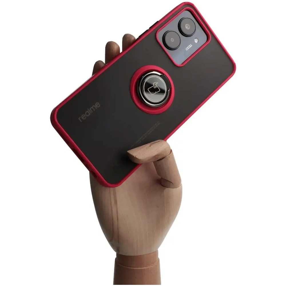 Etui z uchwytem na palec Bizon Case Hybrid Ring do Realme C33 / C30 / Narzo 50i Prime przydymione z czerwoną ramką