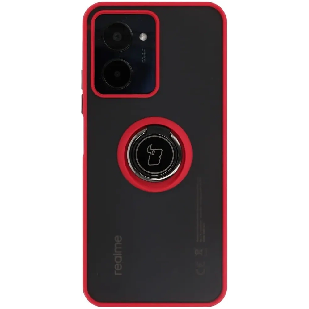 Etui z uchwytem na palec Bizon Case Hybrid Ring do Realme C33 / C30 / Narzo 50i Prime przydymione z czerwoną ramką