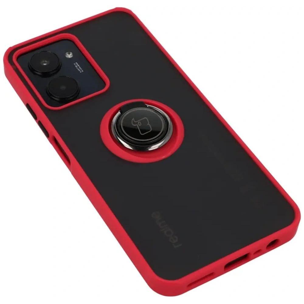 Etui z uchwytem na palec Bizon Case Hybrid Ring do Realme C33 / C30 / Narzo 50i Prime przydymione z czerwoną ramką