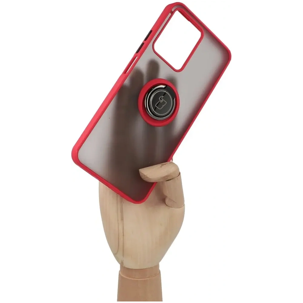 Etui z uchwytem na palec Bizon Case Hybrid Ring do Realme C33 / C30 / Narzo 50i Prime przydymione z czerwoną ramką