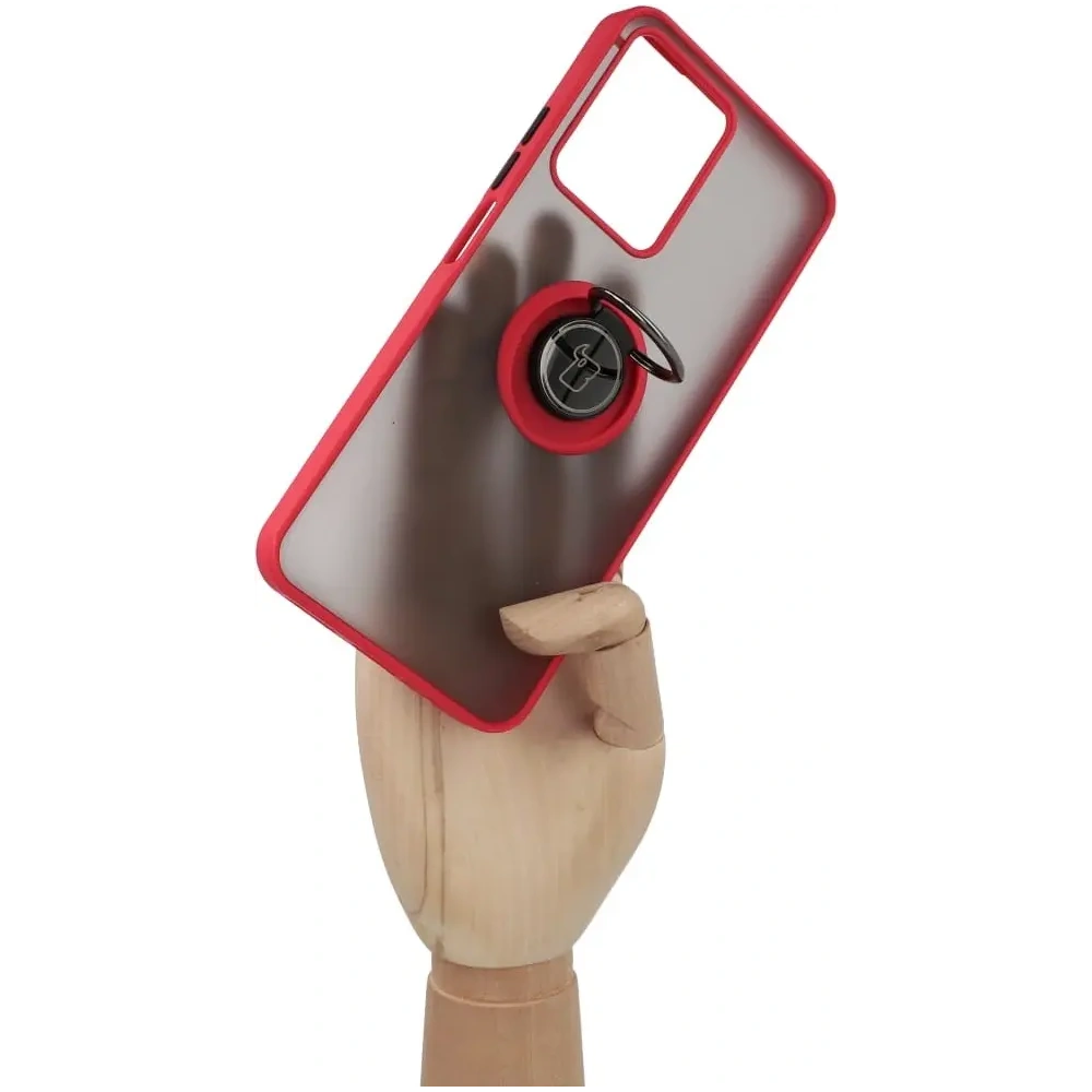 Etui z uchwytem na palec Bizon Case Hybrid Ring do Realme C33 / C30 / Narzo 50i Prime przydymione z czerwoną ramką
