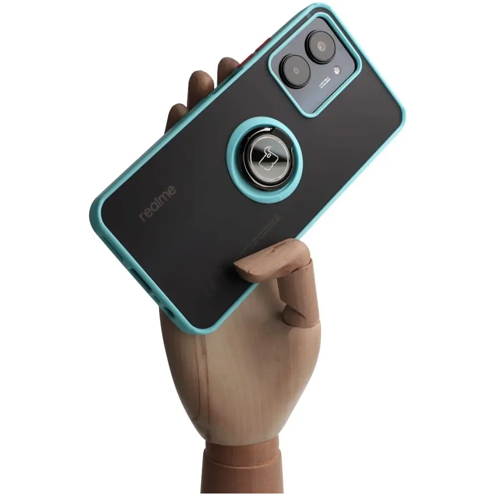 Etui z uchwytem na palec Bizon Case Hybrid Ring do Realme C33 / C30 / Narzo 50i Prime przydymione z jasnoniebieską ramką