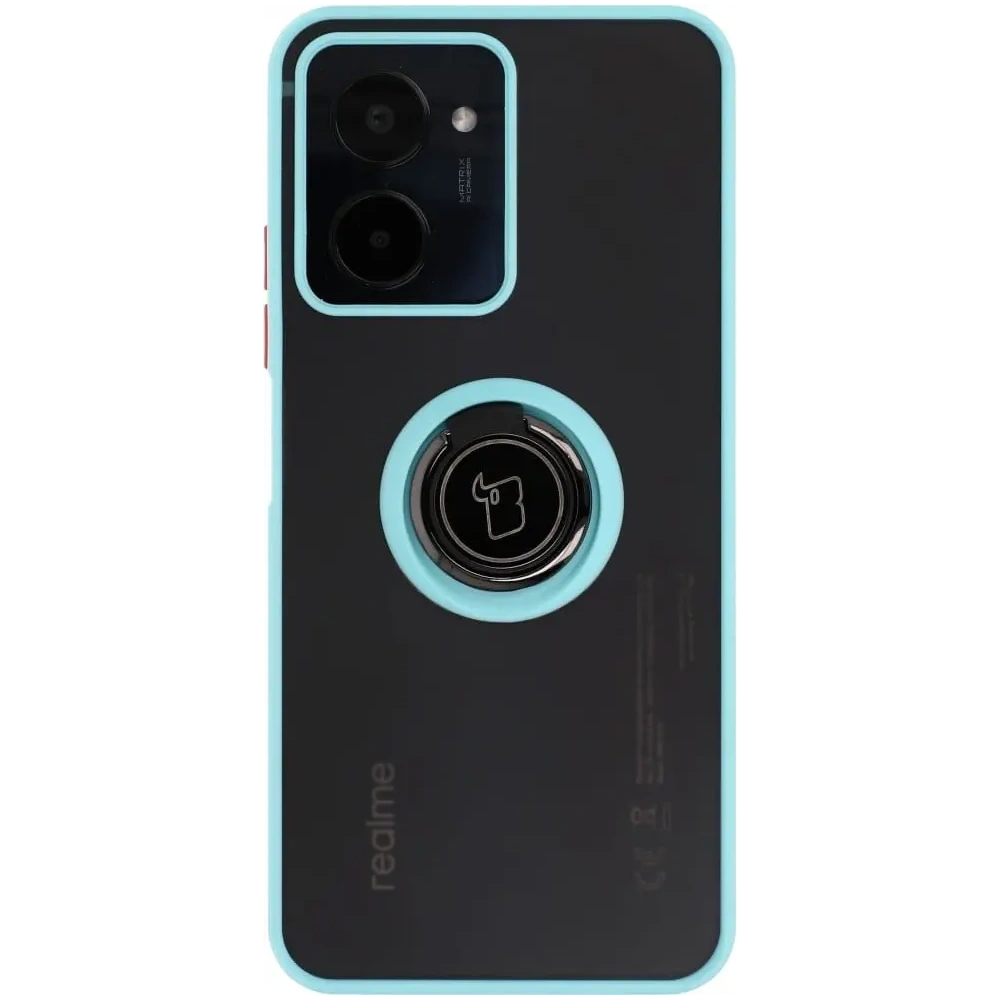 Etui z uchwytem na palec Bizon Case Hybrid Ring do Realme C33 / C30 / Narzo 50i Prime przydymione z jasnoniebieską ramką