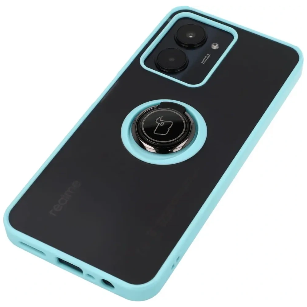 Etui z uchwytem na palec Bizon Case Hybrid Ring do Realme C33 / C30 / Narzo 50i Prime przydymione z jasnoniebieską ramką