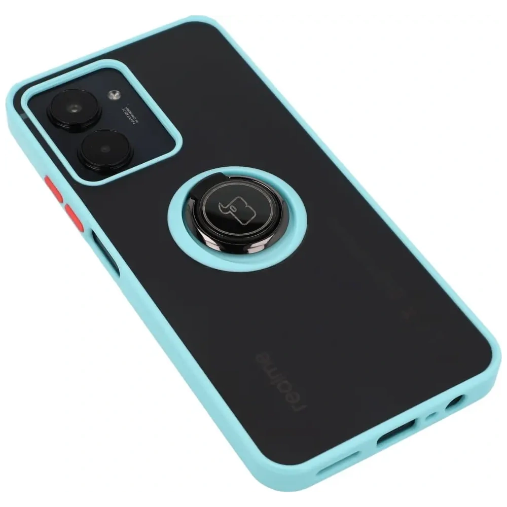 Etui z uchwytem na palec Bizon Case Hybrid Ring do Realme C33 / C30 / Narzo 50i Prime przydymione z jasnoniebieską ramką