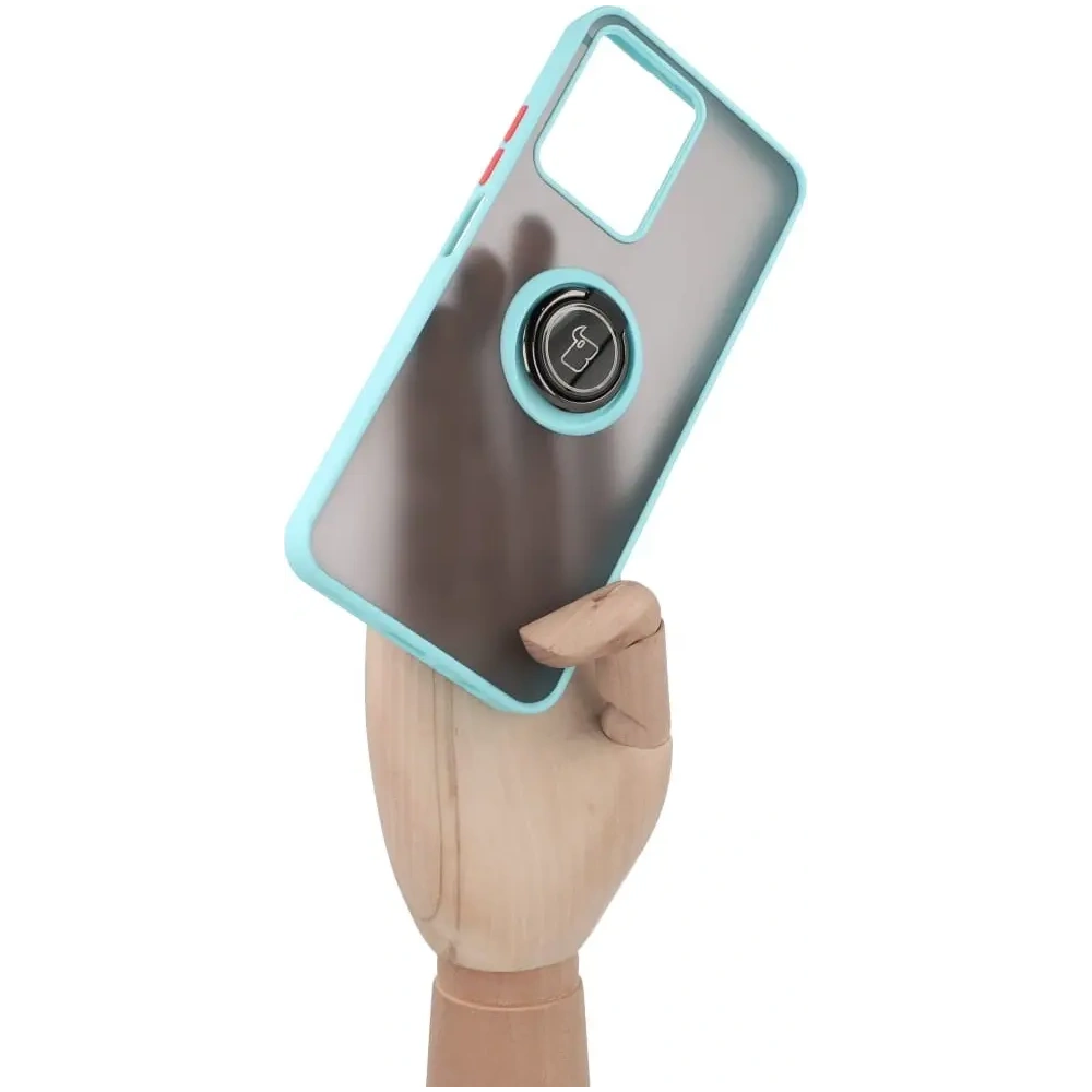 Etui z uchwytem na palec Bizon Case Hybrid Ring do Realme C33 / C30 / Narzo 50i Prime przydymione z jasnoniebieską ramką