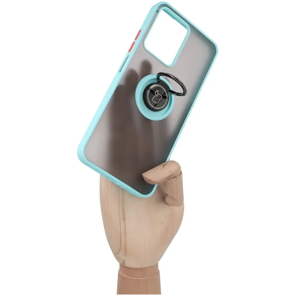 Etui z uchwytem na palec Bizon Case Hybrid Ring do Realme C33 / C30 / Narzo 50i Prime przydymione z jasnoniebieską ramką