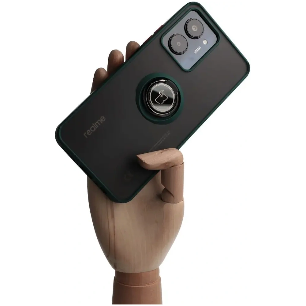 Etui z uchwytem na palec Bizon Case Hybrid Ring do Realme C33 / C30 / Narzo 50i Prime przydymione z ciemnozieloną ramką