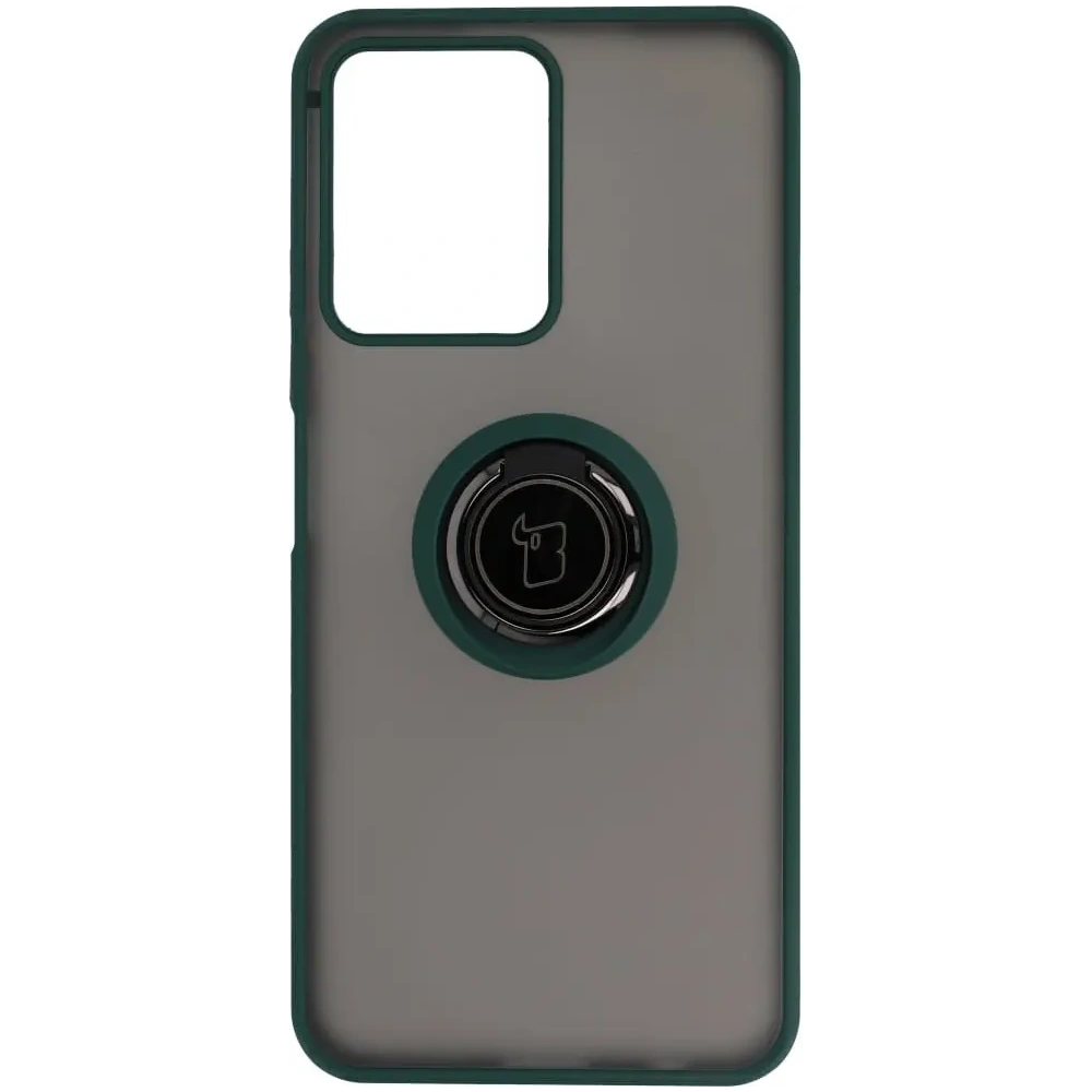 Etui z uchwytem na palec Bizon Case Hybrid Ring do Realme C33 / C30 / Narzo 50i Prime przydymione z ciemnozieloną ramką