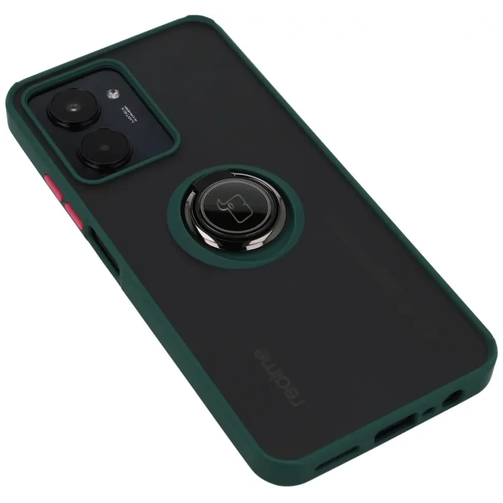 Etui z uchwytem na palec Bizon Case Hybrid Ring do Realme C33 / C30 / Narzo 50i Prime przydymione z ciemnozieloną ramką