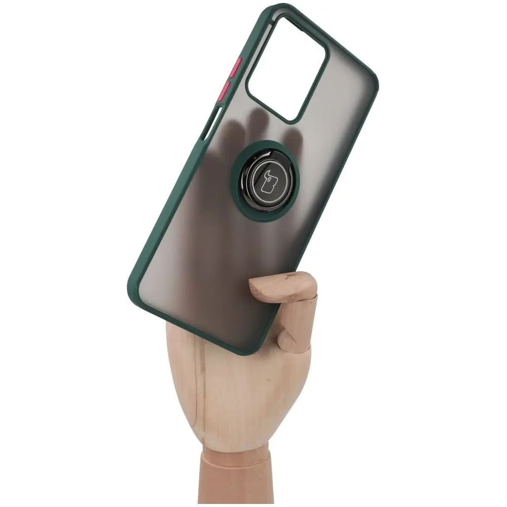 Etui z uchwytem na palec Bizon Case Hybrid Ring do Realme C33 / C30 / Narzo 50i Prime przydymione z ciemnozieloną ramką
