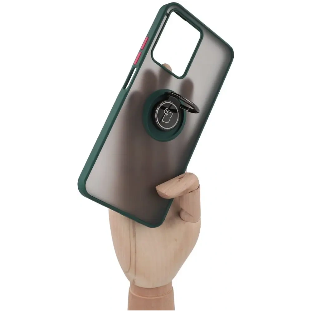 Etui z uchwytem na palec Bizon Case Hybrid Ring do Realme C33 / C30 / Narzo 50i Prime przydymione z ciemnozieloną ramką