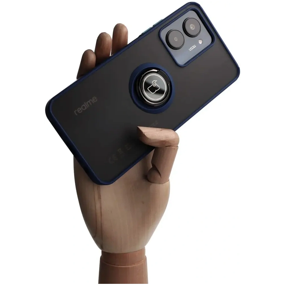 Etui z uchwytem na palec Bizon Case Hybrid Ring do Realme C33 / C30 / Narzo 50i Prime przydymione z granatową ramką