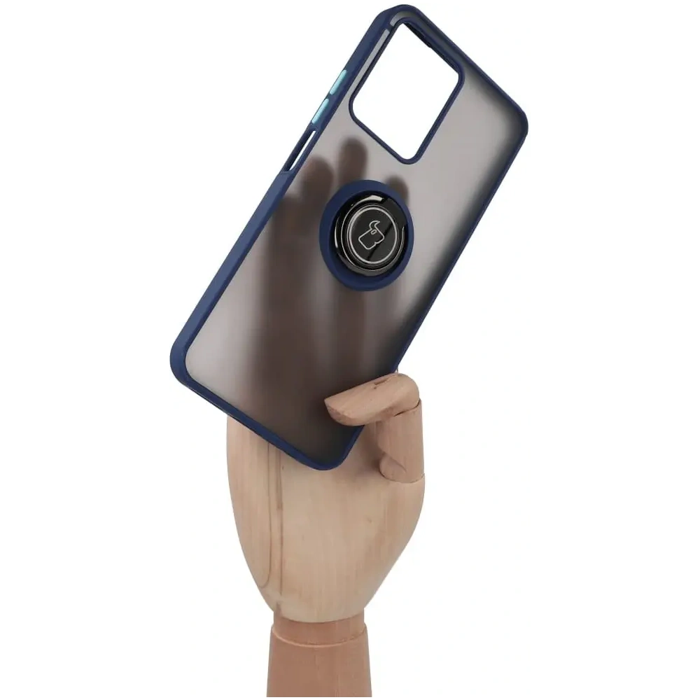 Etui z uchwytem na palec Bizon Case Hybrid Ring do Realme C33 / C30 / Narzo 50i Prime przydymione z granatową ramką