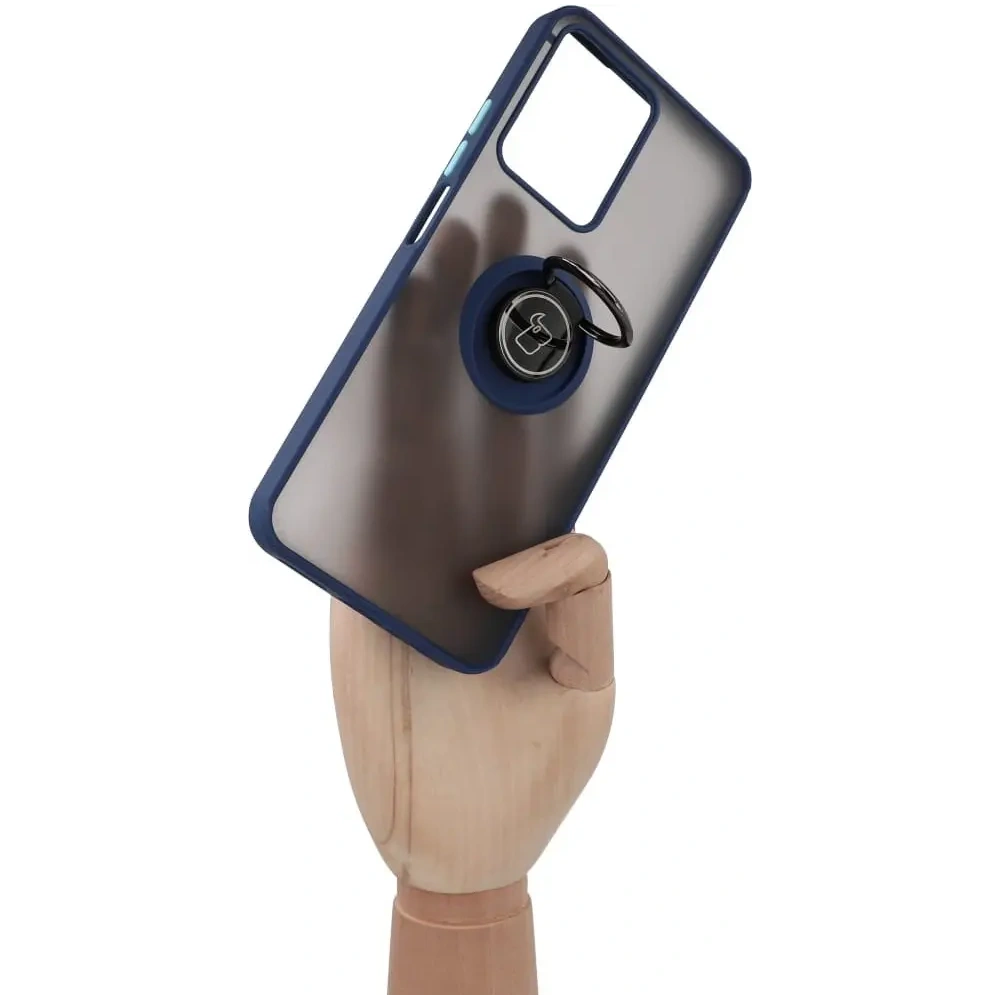 Etui z uchwytem na palec Bizon Case Hybrid Ring do Realme C33 / C30 / Narzo 50i Prime przydymione z granatową ramką