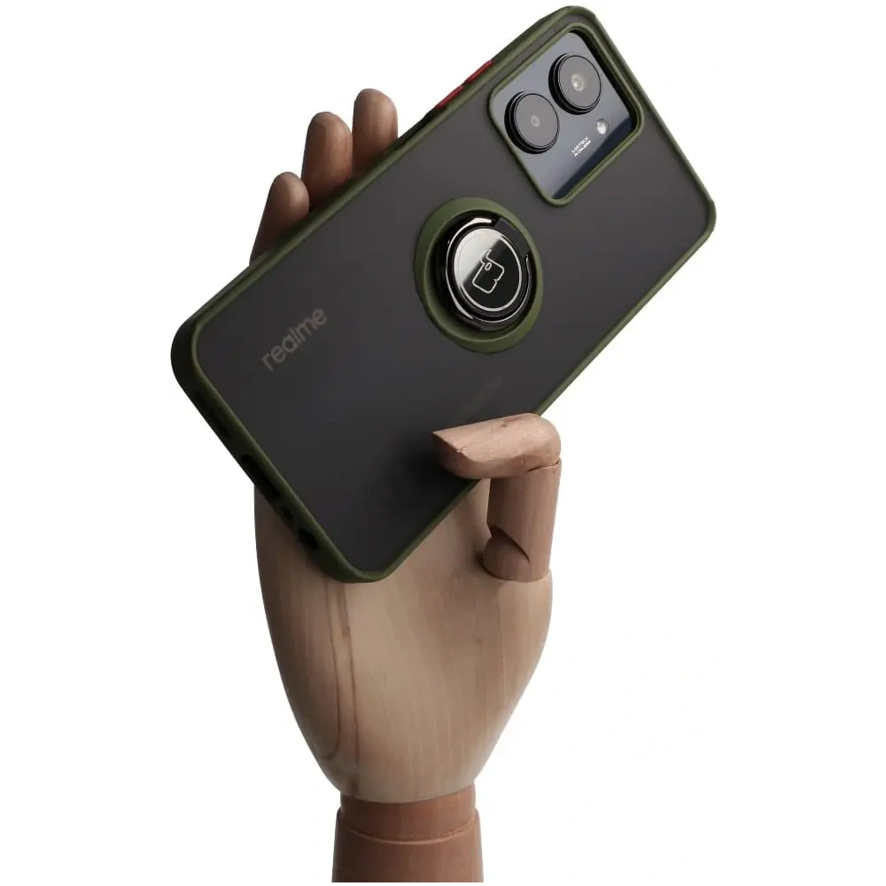 Etui z uchwytem na palec Bizon Case Hybrid Ring do Realme C33 / C30 / Narzo 50i Prime przydymione z zieloną ramką