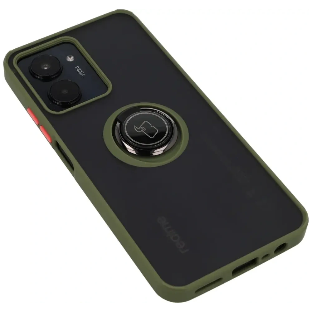 Etui z uchwytem na palec Bizon Case Hybrid Ring do Realme C33 / C30 / Narzo 50i Prime przydymione z zieloną ramką