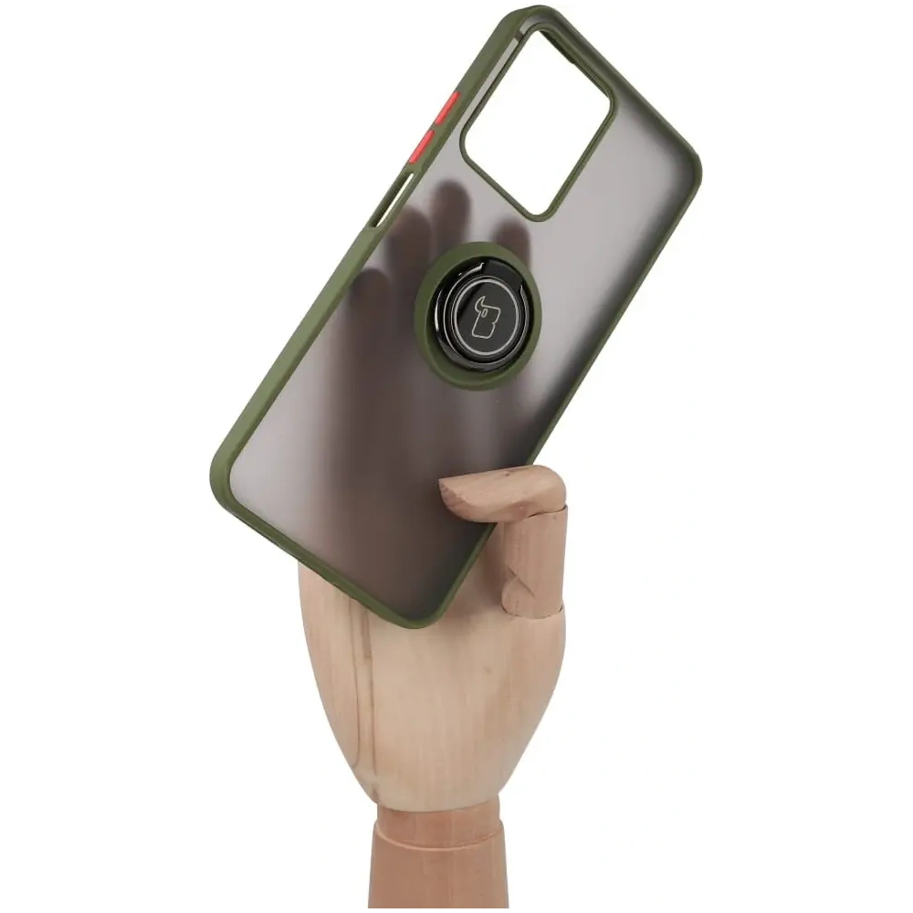 Etui z uchwytem na palec Bizon Case Hybrid Ring do Realme C33 / C30 / Narzo 50i Prime przydymione z zieloną ramką