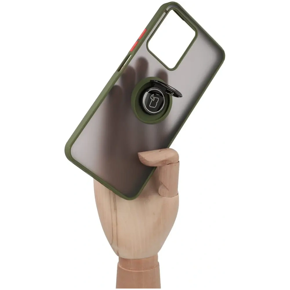 Etui z uchwytem na palec Bizon Case Hybrid Ring do Realme C33 / C30 / Narzo 50i Prime przydymione z zieloną ramką
