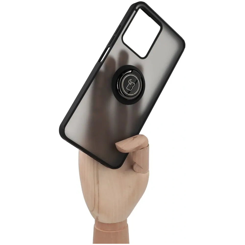 Etui z uchwytem na palec Bizon Case Hybrid Ring do Realme C33 / C30 / Narzo 50i Prime przydymione z czarną ramką