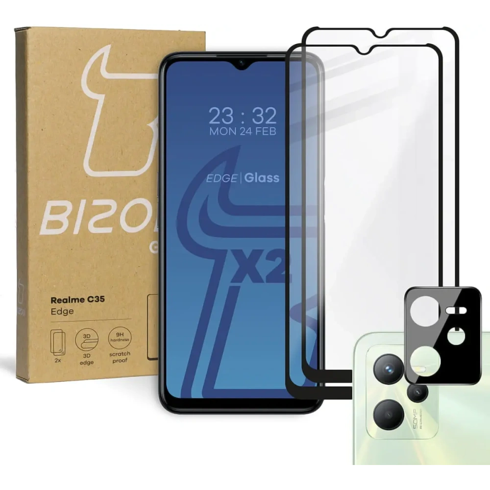 Szkło hartowane Bizon Glass Edge - [2 PACK] + ochrona na obiektyw Realme C35