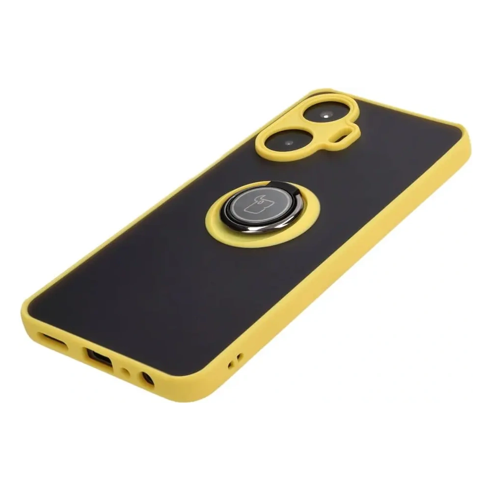Etui z uchwytem na palec Bizon Case Hybrid Ring do Realme C55 przydymione z żółtą ramką