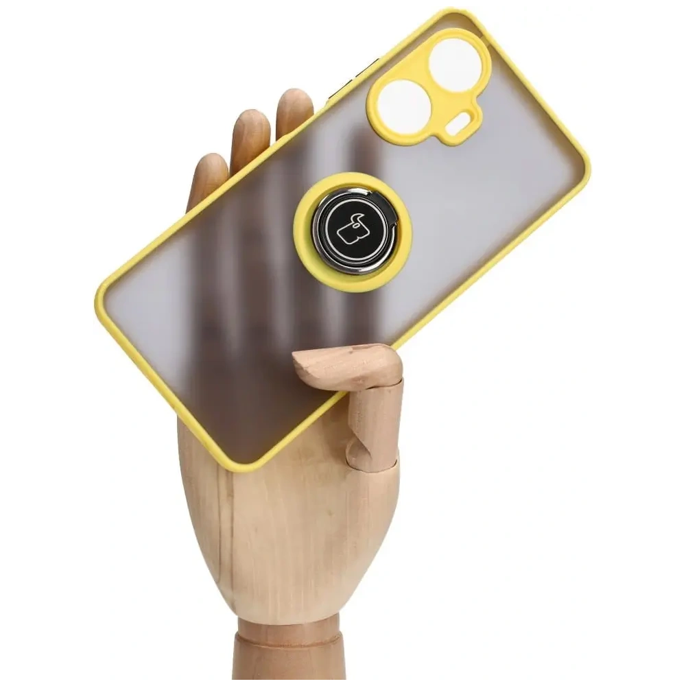 Etui z uchwytem na palec Bizon Case Hybrid Ring do Realme C55 przydymione z żółtą ramką
