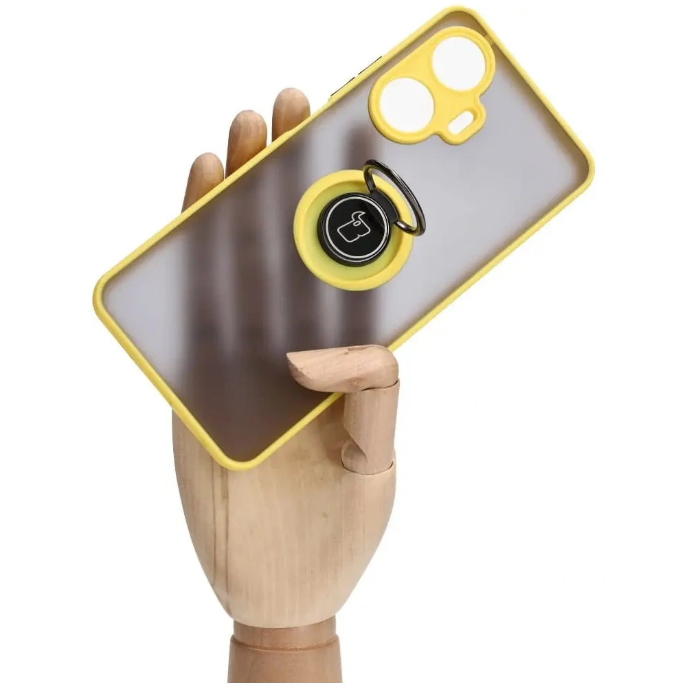 Etui z uchwytem na palec Bizon Case Hybrid Ring do Realme C55 przydymione z żółtą ramką