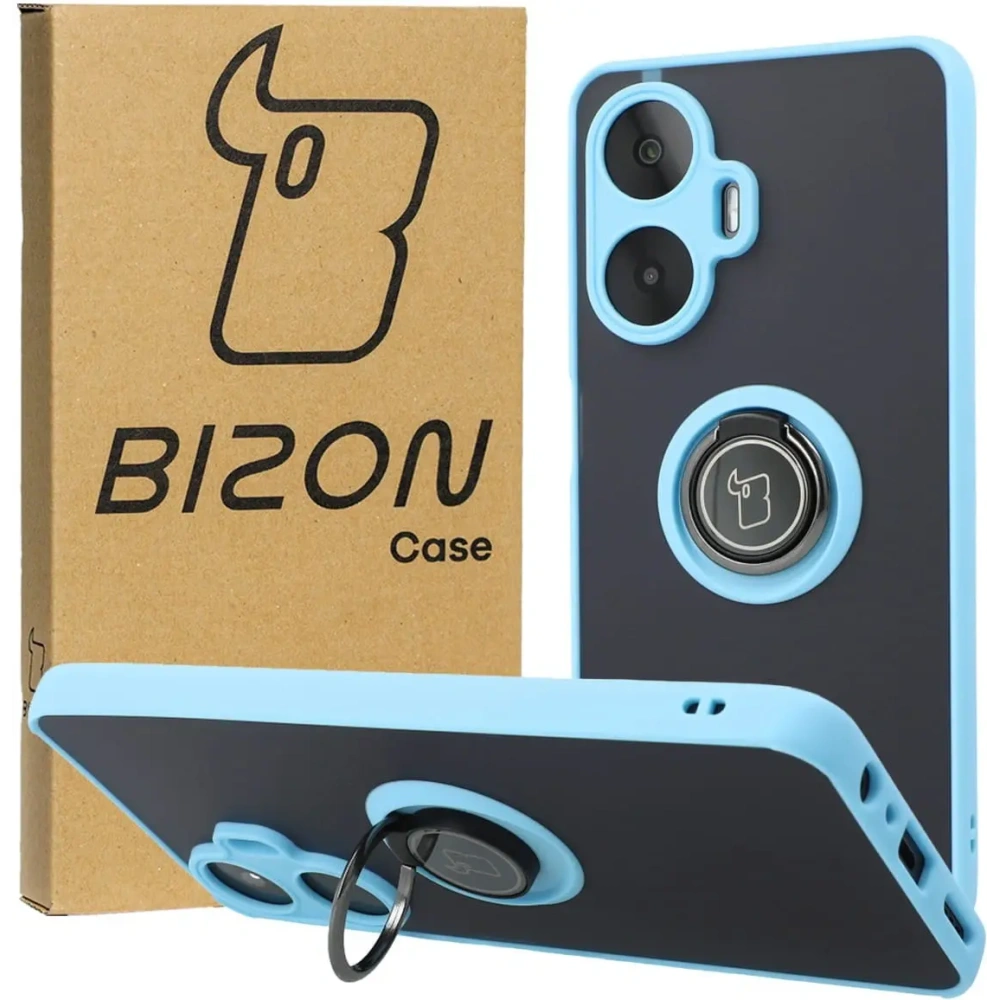 Etui z uchwytem na palec Bizon Case Hybrid Ring do Realme C55 przydymione z jasnoniebieską ramką