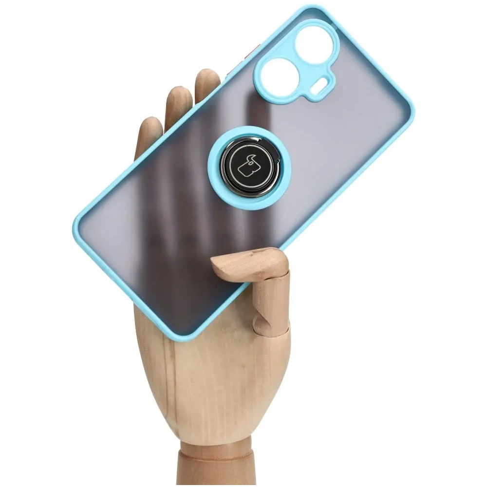 Etui z uchwytem na palec Bizon Case Hybrid Ring do Realme C55 przydymione z jasnoniebieską ramką