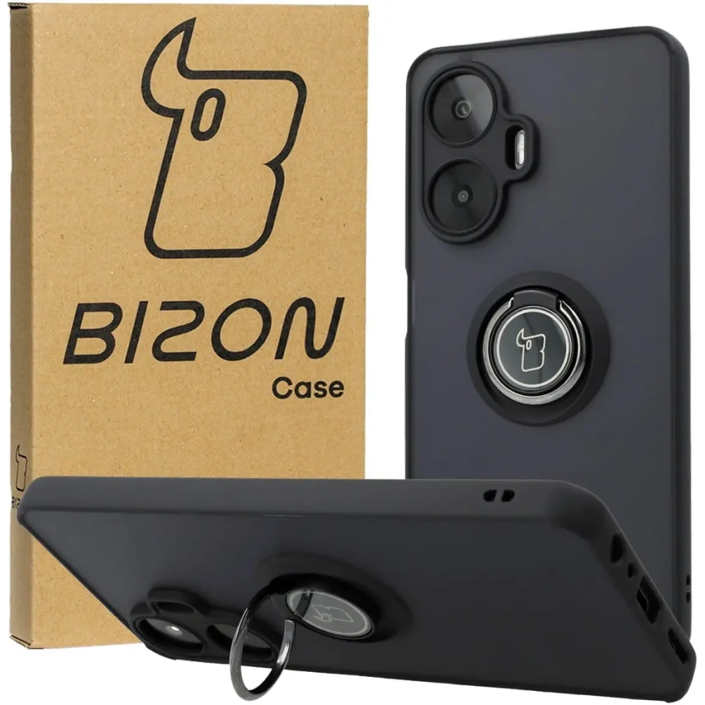 Etui z uchwytem na palec Bizon Case Hybrid Ring do Realme C55 przydymione z czarną ramką