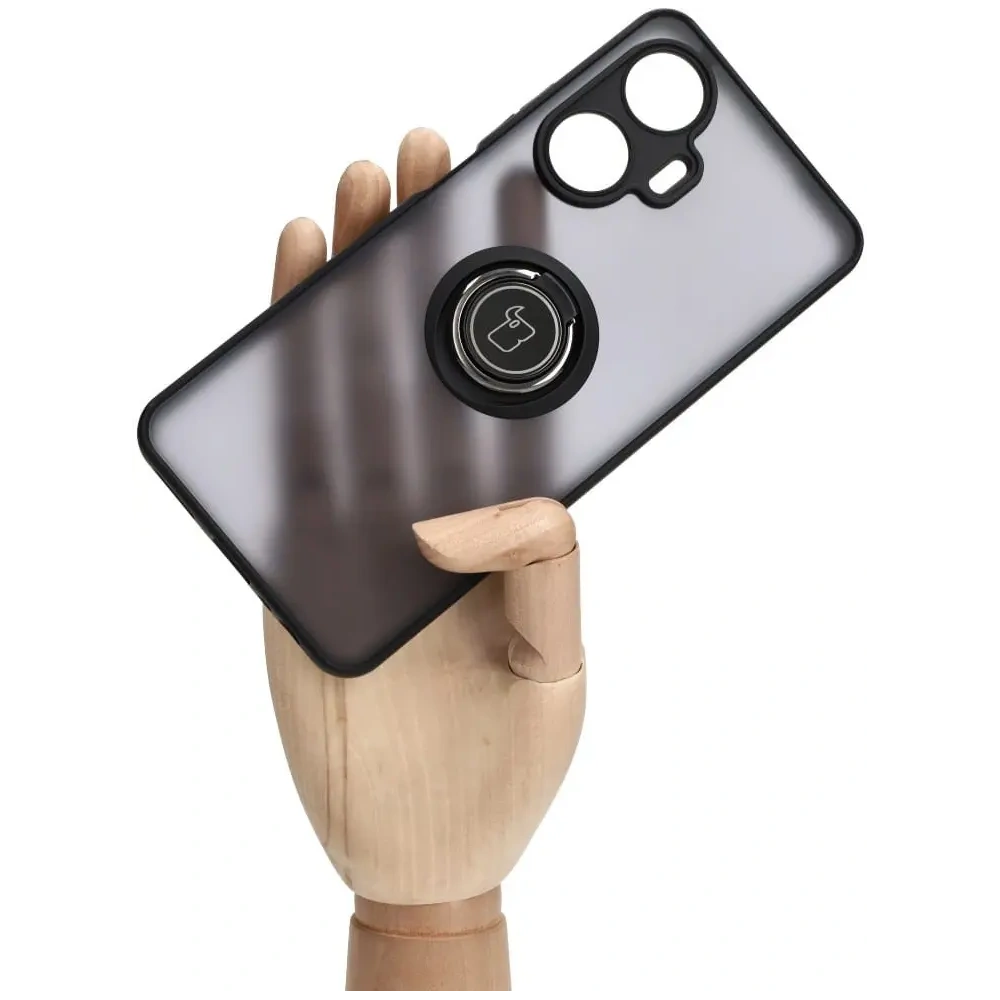 Etui z uchwytem na palec Bizon Case Hybrid Ring do Realme C55 przydymione z czarną ramką