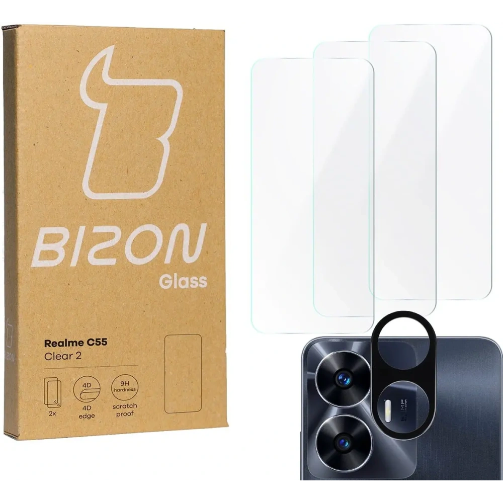 3x Szkło na ekran + szkło na aparat BIZON Clear 2 do Realme C55