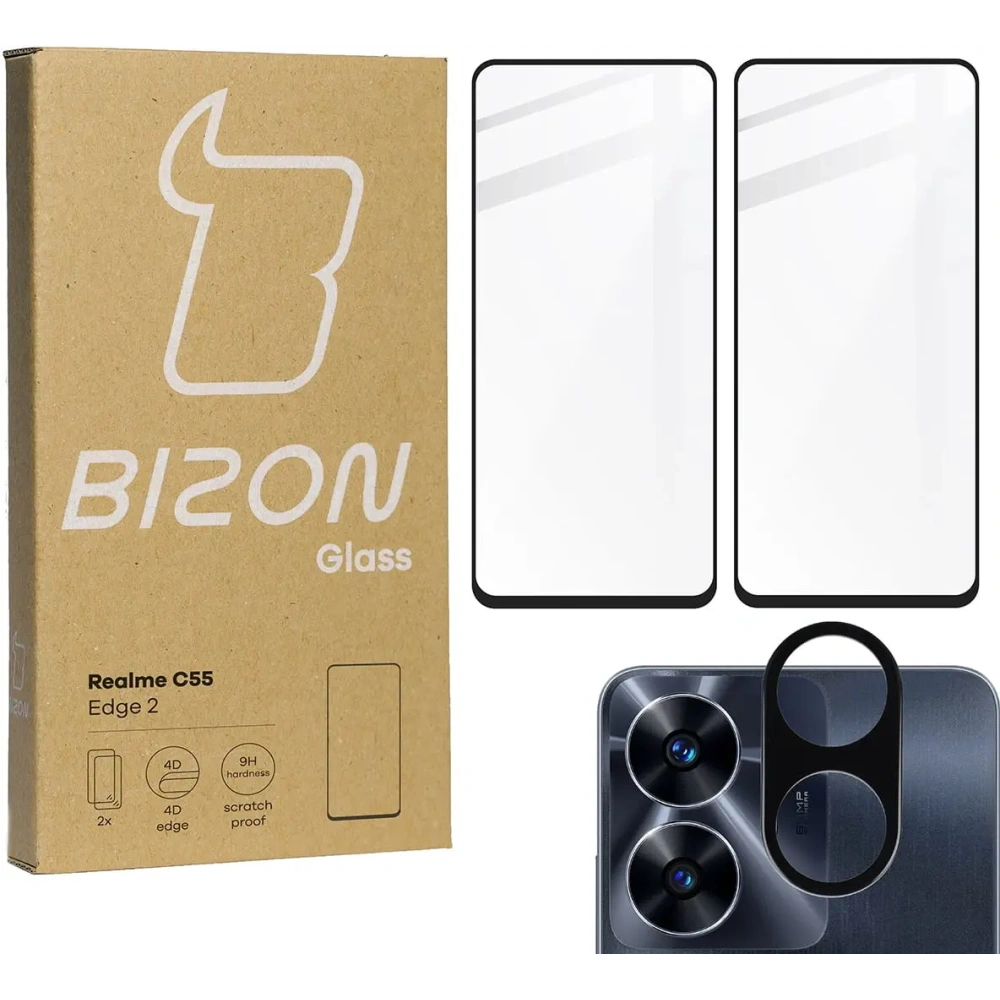 2x Szkło na ekran + szkło na aparat BIZON Edge 2 do Realme C55