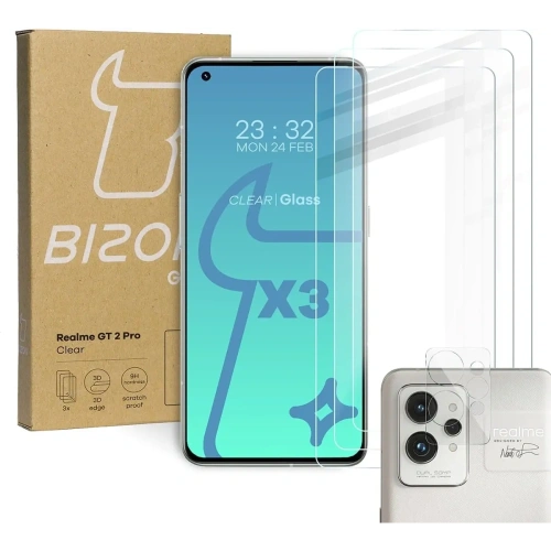 Buy Bizon Glass Clear tempered glass - 3 pcs. + lens glass Realme GT 2 Pro - BIZ750 - {ean13} - Home Screen Store Europe