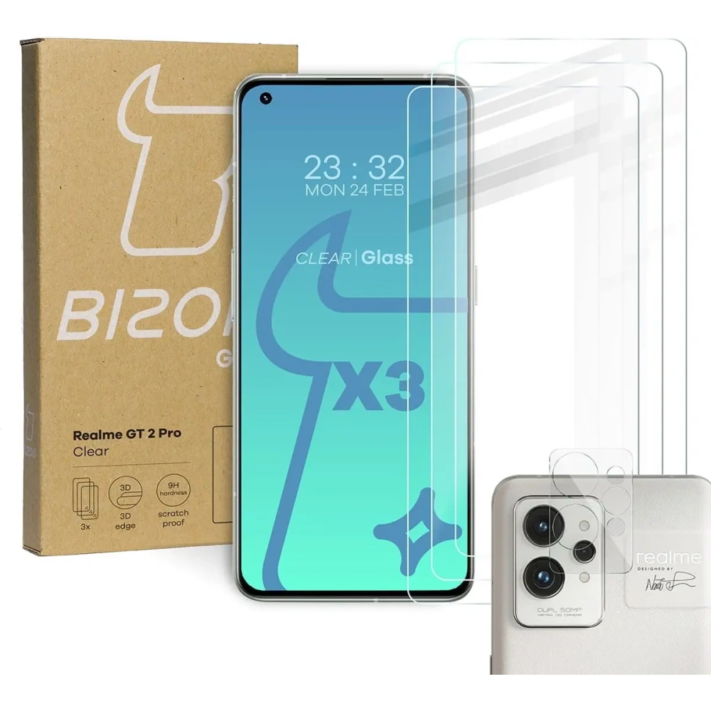 Szkło hartowane Bizon Glass Clear - 3 szt. + obiektyw Realme GT 2 Pro
