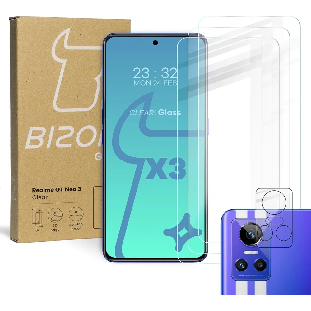 Szkło hartowane Bizon Glass Clear - 3 szt. + obiektyw Realme GT Neo 3
