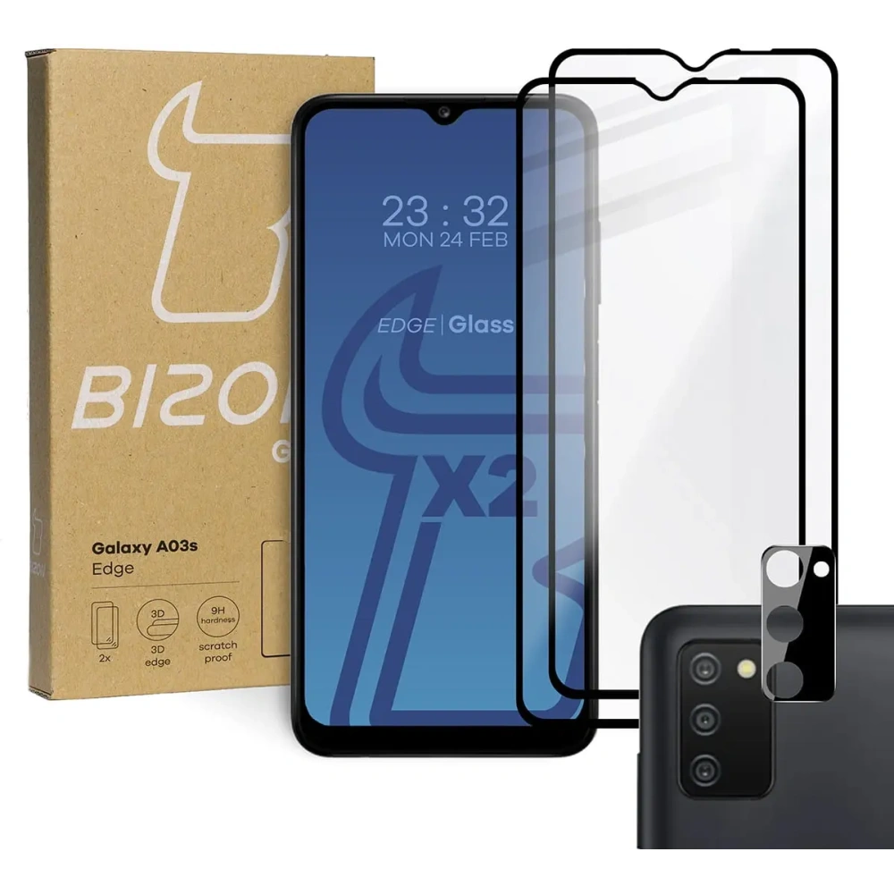 Szkło hartowane Bizon Glass Edge - [2 PACK] + ochrona na obiektyw Samsung Galaxy A03s czarne